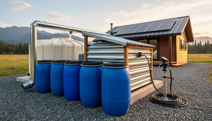 Rural off-grid water system with a well or water tank near an evergreen cabin
