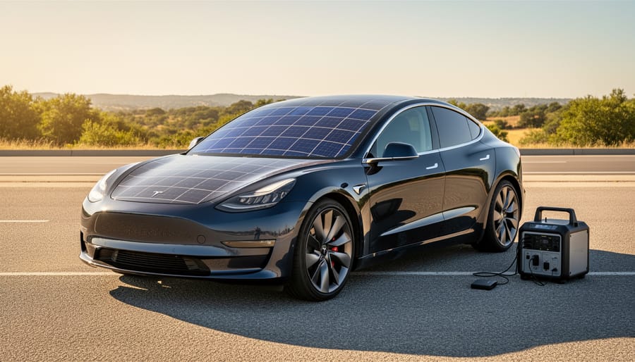 Solar-integrated electric vehicle parked outdoors under dramatic sunlight in a scenic landscape.