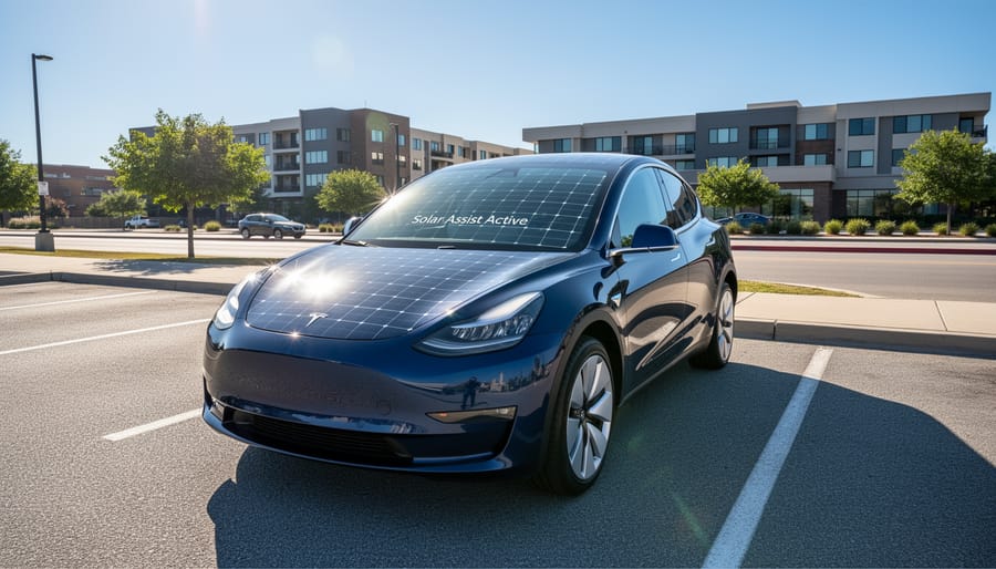 Solar-integrated electric vehicle parked on a sunny street with visible solar panels on the roof.