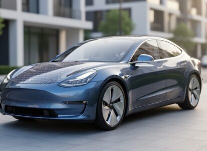 Modern electric vehicle with solar panels integrated into the roof and hood, photographed in soft daylight with a blurred urban background.