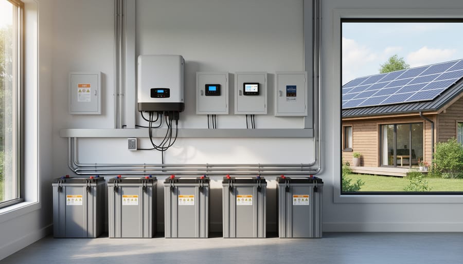 Solar panels and off-grid battery storage equipment on a cabin roof