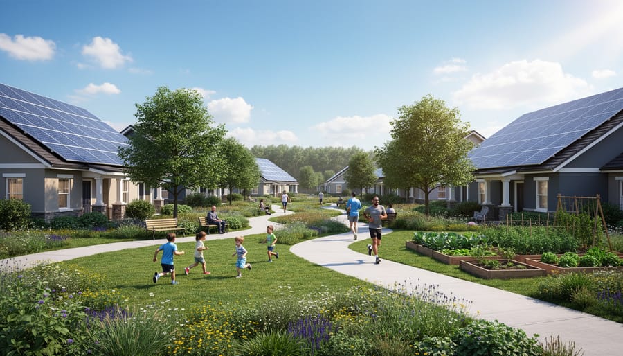 Sunlit solar panels above a community garden with greenery below