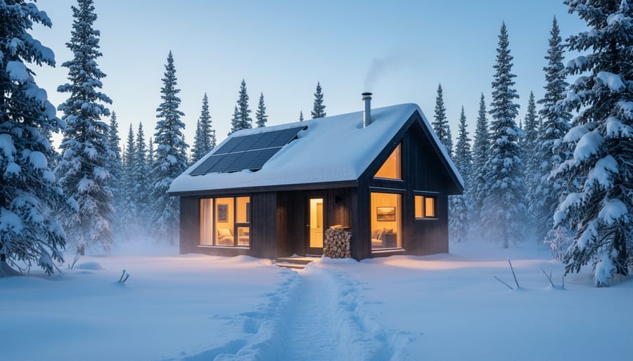 Off-grid cabin exterior in a snowy Canadian forest with warm interior light at dusk