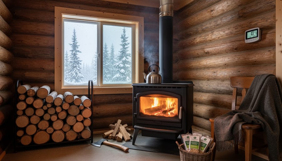 Person adding firewood to a wood stove inside a cold-climate off-grid home