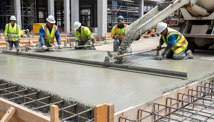 Construction worker standing beside freshly poured concrete at a jobsite
