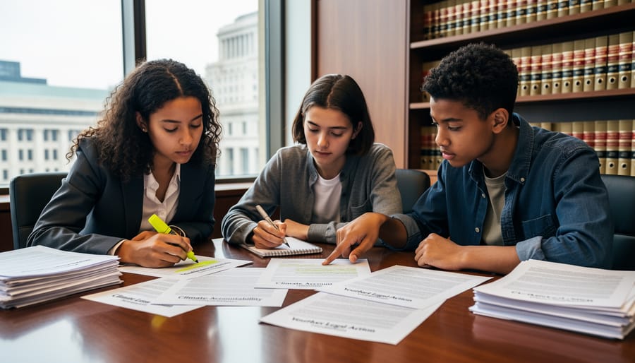 Three young adults reviewing legal papers at a table by a window