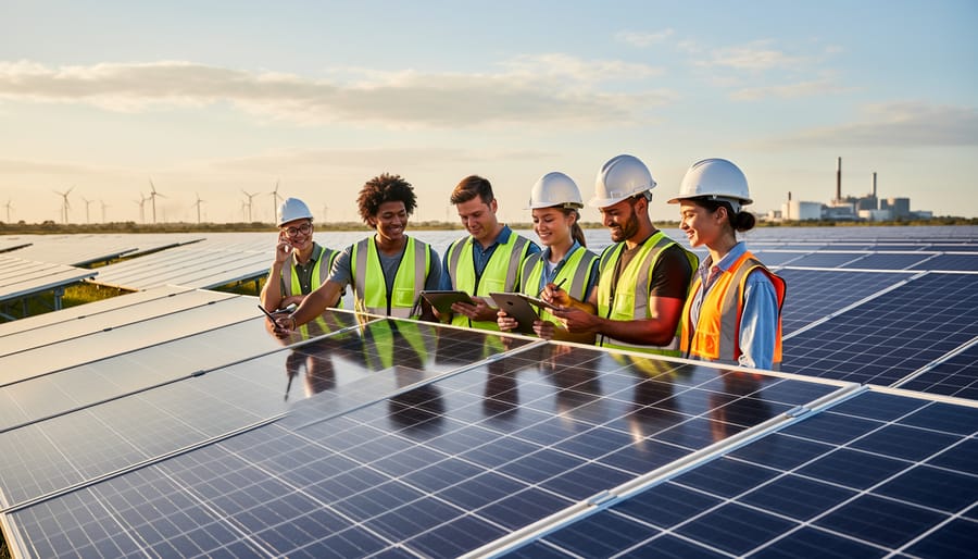 Young people standing beside rooftop solar panels during golden hour