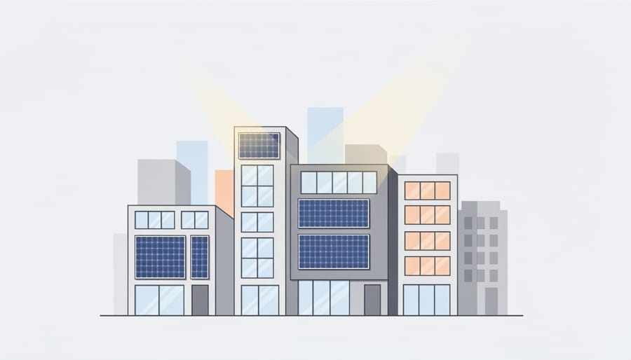 Sunlight reflecting off a building facade with window-like solar surfaces.