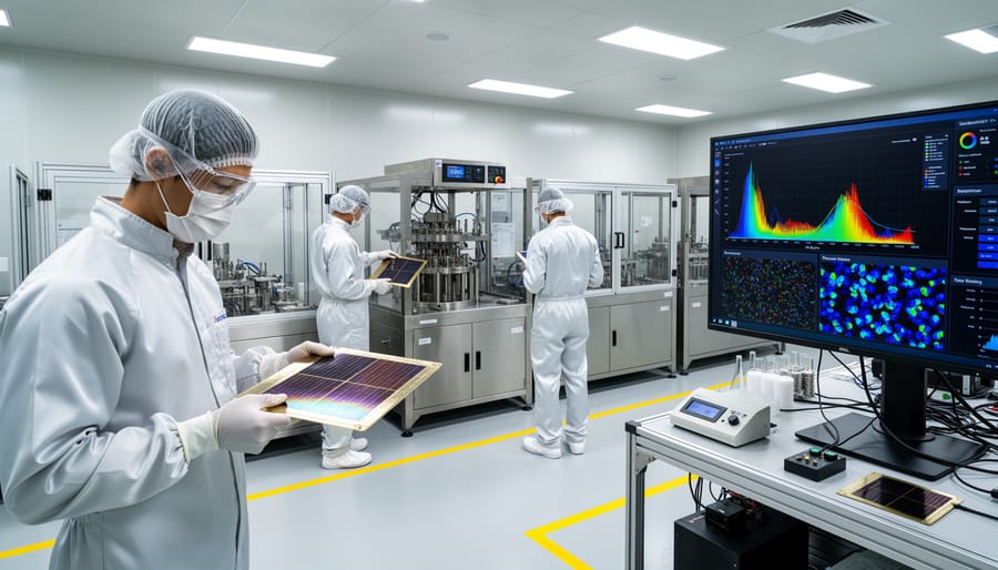 Cleanroom technician holding a small solar panel sample while lab equipment is blurred in the background.
