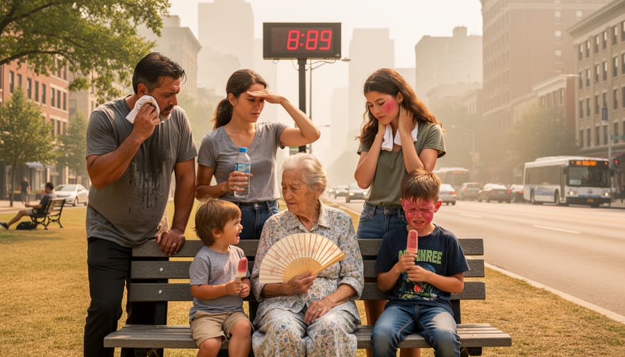 A diverse family stands outside during a very hot day, showing how heat exposure can affect people of different ages.