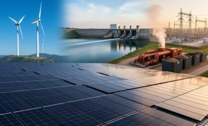 Wide view of a clean-energy landscape showing rooftop solar panels, distant wind turbines, a hydroelectric dam with flowing water, geothermal steam, and biomass facilities in the background.