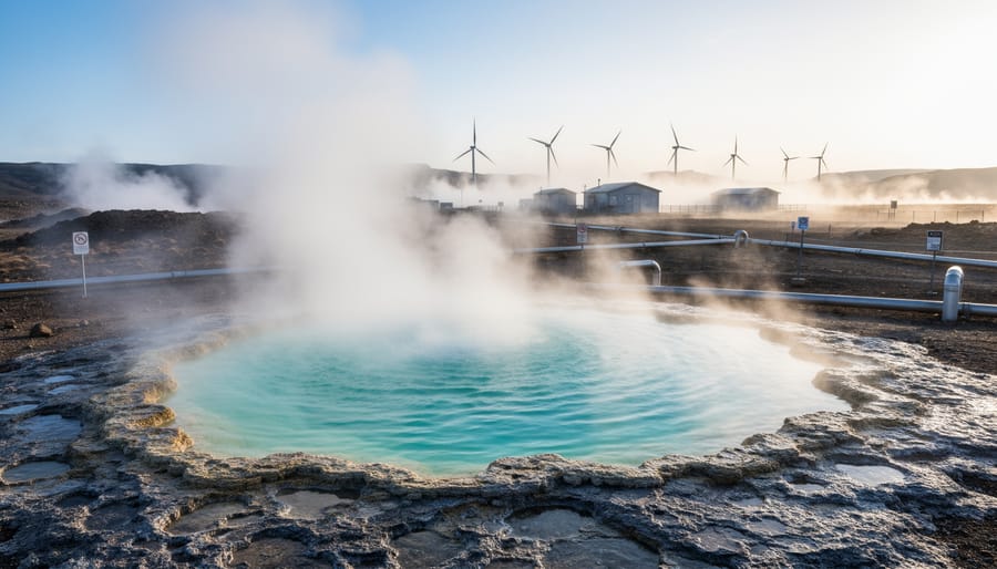 Close-up view of a steaming geothermal hot spring with mineral deposits