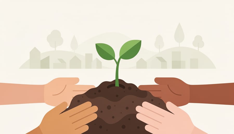 Close-up of a young person planting a native seedling in dark soil in a community garden