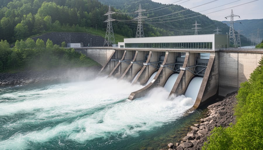 Hydroelectric dam spillway with fast-flowing water and misty spray