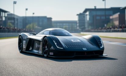 Low-angle view of a solar-electric racing car with photovoltaic panel surfaces on a track under bright daylight.