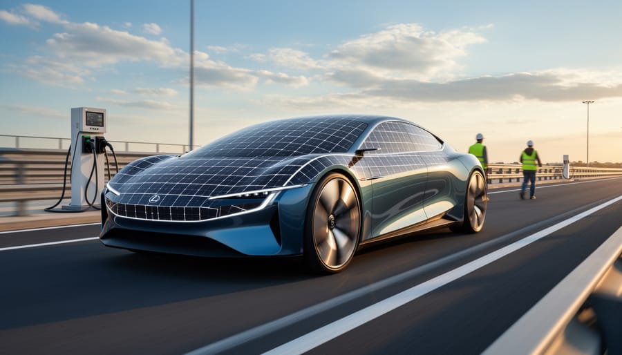 A solar electric vehicle prototype with solar panel arrays parked in a campus test area.