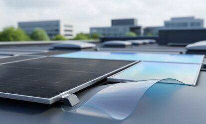Advanced solar panels with a reflective gradient surface and a thin flexible panel curved over a surface in an outdoor urban rooftop setting.