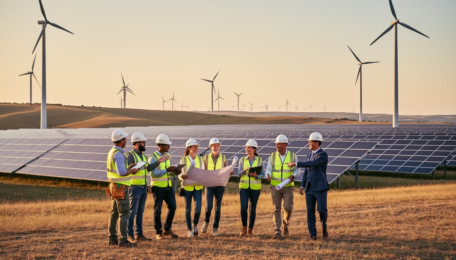Wind turbines and solar panels with a few people walking along a path in the foreground
