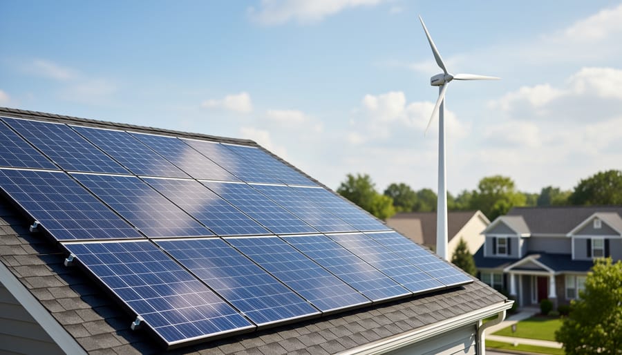Wide view of rooftop solar panels with a wind turbine in the distance during golden hour