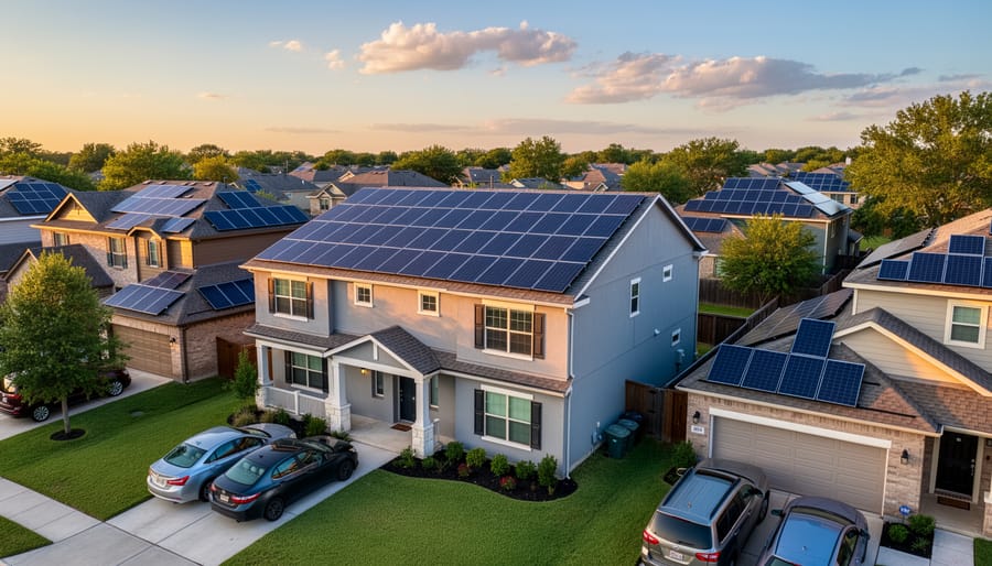 Modern solar panels installed on a residential rooftop under a blue sky.