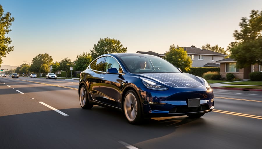 Solar electric vehicle prototype driving on a quiet road in golden hour sunlight.