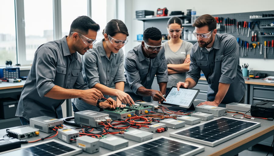 MIT students in a workshop examining and connecting components on a solar electric vehicle prototype.