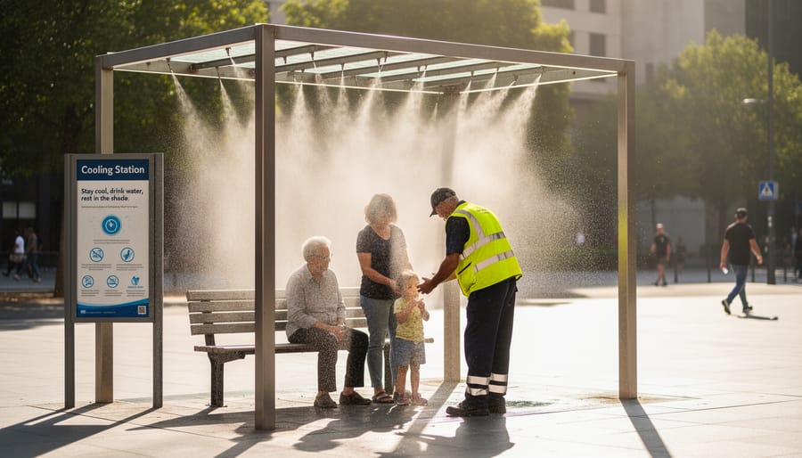 People use a misting cooling station on a hot day at an urban street corner.