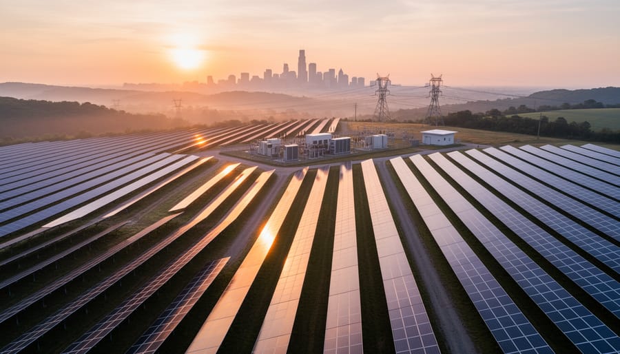 Solar farm panels stretching across the landscape at sunrise with warm morning light.
