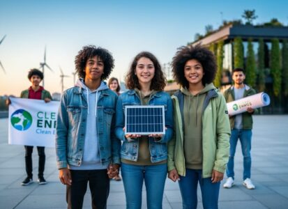 Young climate activists holding a small solar panel and standing together in an urban plaza at sunrise, with wind turbines and greenery blurred in the background.