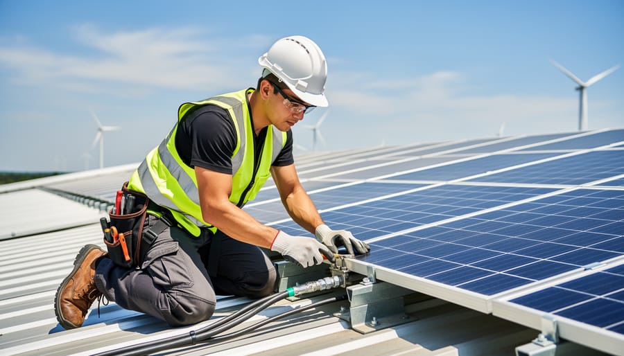 Young worker installing rooftop solar mounting hardware with tools
