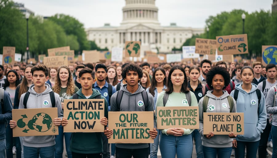 Young climate advocates standing in an urban plaza with blank poster boards, speaking together near a small stage